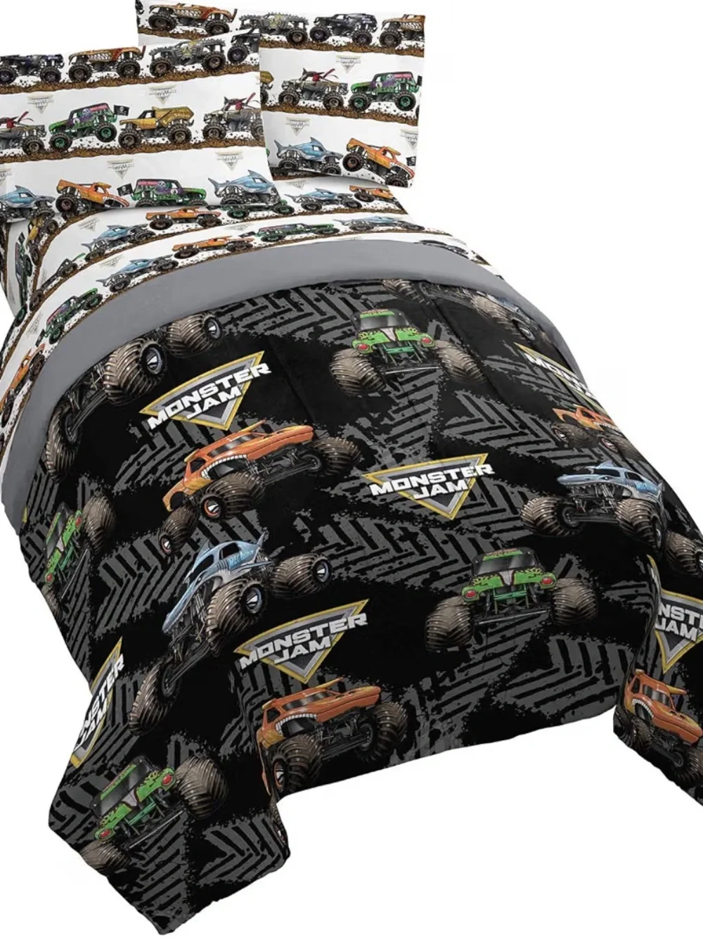 Monster Jam Kids Black Comforter Set with Colorful Trucks